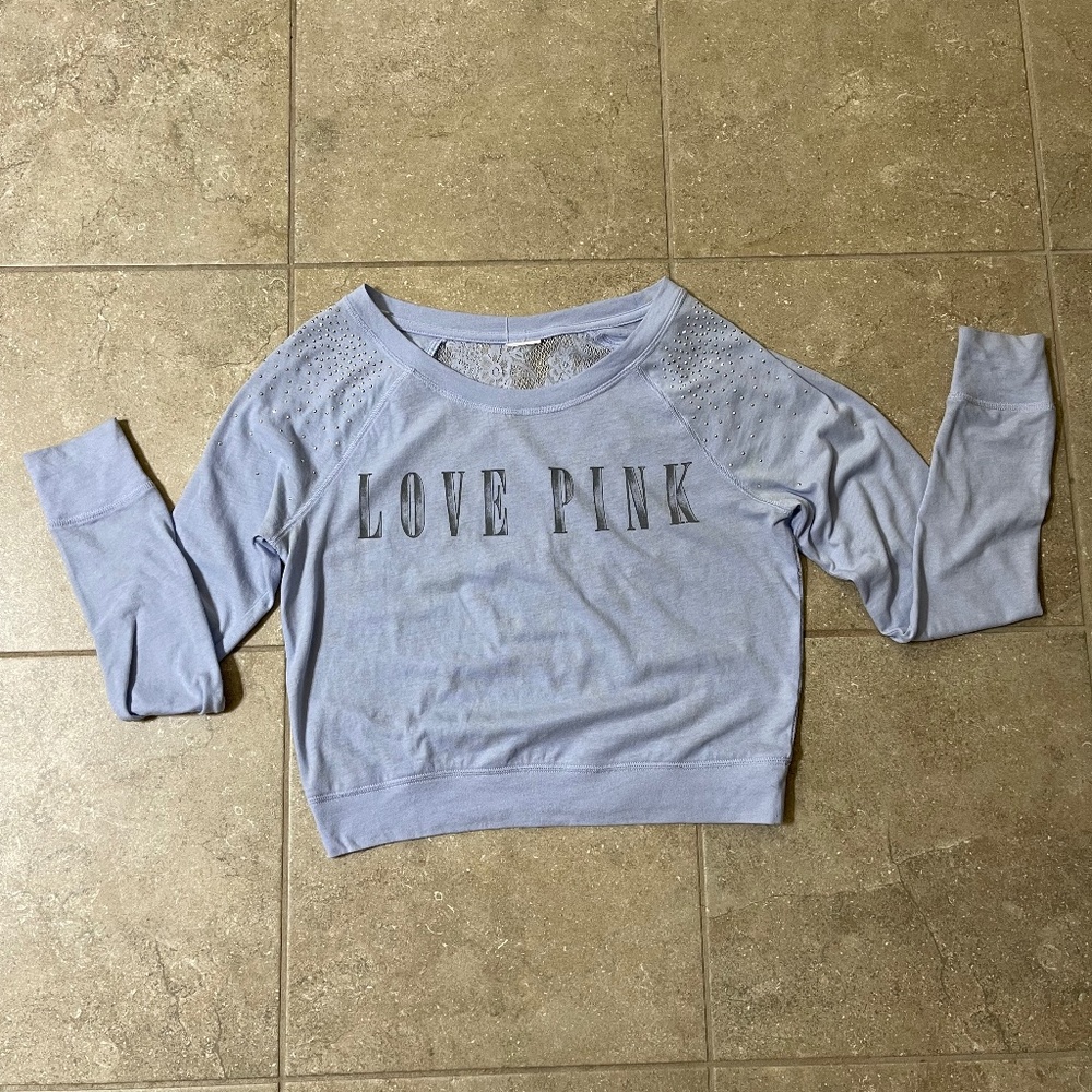 PINK Victoria’s Secret Baby Blue Lace Rhinestone Long Sleeve Top Tee